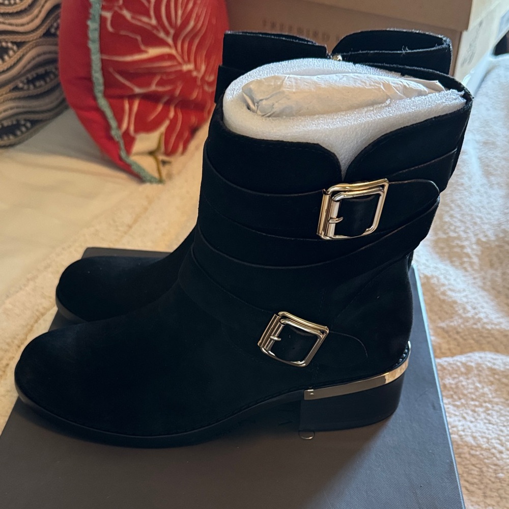 Vince Camuto Black Ankle Boots with Silver Buckles